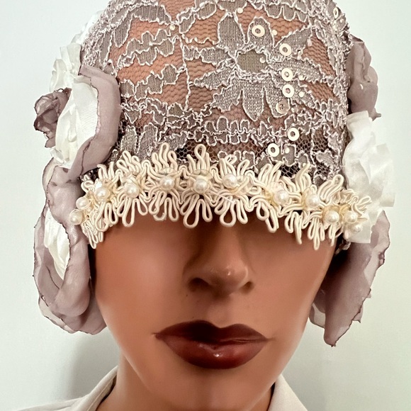Wrap 20s Theme  Hat Flapper Wedding Sequin Taupe lace  Antique style main image 6